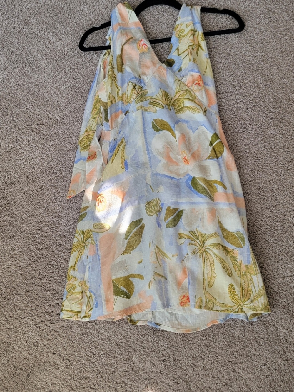 Floral Halter Women’s Dress - Light Blue & Peach With Pockets